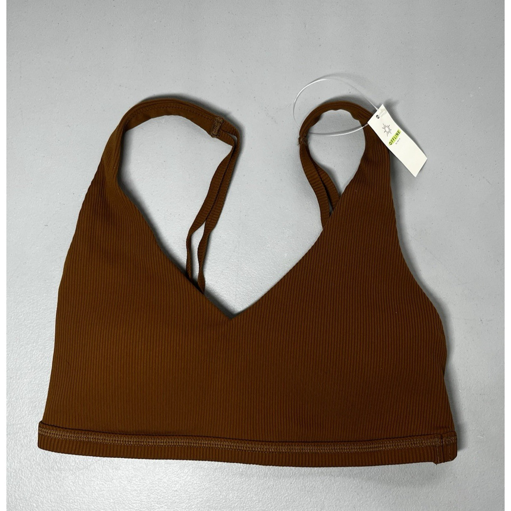 Aerie Sports Bra Womens Small Brown Ribbed Wireless Mesh Back Pull On Padded